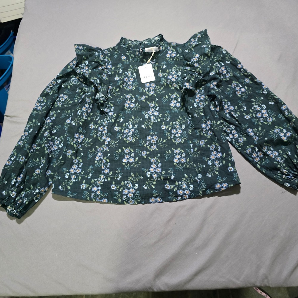 a.n.a Blouse Women XL Green Floral Ruffle Shoulder Smocked Neck Long Sleeve